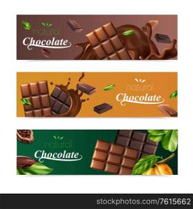 Cocoa horizontal banners set with natural chocolate bars and cocoa beans isolated vector illustration