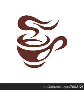 Cocoa hot drink in steaming cup isolated icon. Vector coffee or tea in mug with handle. Hot chocolate or cocoa drink in cup