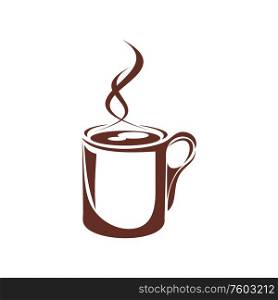 Cocoa hot drink in steaming cup isolated icon. Vector coffee or tea in mug with handle. Hot chocolate or cocoa drink in cup