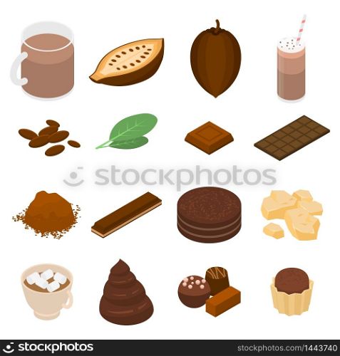 Cocoa icons set. Isometric set of cocoa vector icons for web design isolated on white background. Cocoa icons set, isometric style