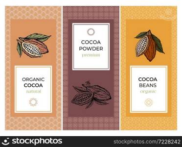Cocoa packaging design templates set with pattern. Engraved style sketch hand drawn illustration. Cacao powder, beans, nuts, seeds, flowers and leaves vector.. Cocoa packaging design templates set. Line style illustration. Cacao powder