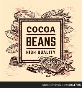 Cocoa plant with leaves. Cacao tree background. Sweet chocolate packaging vector design. Sweet food engraving, natural drawing bean and leaf illustration. Cocoa plant with leaves. Cacao tree background. Sweet chocolate packaging vector design