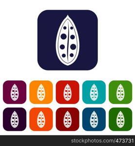 Cocoa pod icons set vector illustration in flat style In colors red, blue, green and other. Cocoa pod icons set flat