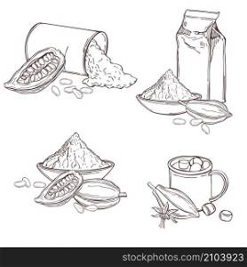 Cocoa powder and cocoa drink. Vector sketch illustration. Cocoa powder and cocoa drink.
