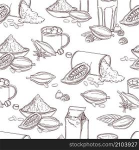 Cocoa powder and cocoa drinks. Vector seamless pattern. Cocoa powder and drinks. Vector pattern