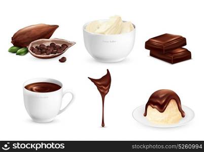 Cocoa Products Set. Cocoa products set with ripe beans, sweets, cup of hot chocolate, stream of glaze isolated vector illustration