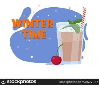 Cocoa with cherry and mint. Winter drink. Flat vector illustration