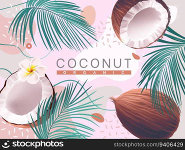 Coconut background. Oil and cosmetic label backdrop, realistic coco and palm leaves on abstract pink texture. Nut milk, vegan fruit, fresh nature food, nutrition. Beach poster. Vector illustration. Coconut background. Oil and cosmetic label backdrop, realistic coco and palm leaves on abstract pink texture. Nut milk, vegan fruit, fresh nature food. Beach poster. Vector illustration