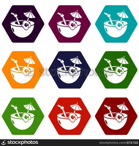 Coconut cocktail icons 9 set coloful isolated on white for web. Coconut cocktail icons set 9 vector