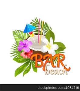 Coconut Cocktail in Summer With Garnish and Straw. Illustration Coconut Cocktail in Summer With Garnish and Straw, Natural Poster with Exotic Flowers and Leaves - Vector