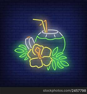 Coconut cocktail neon sign. Tropical drink and yellow flower with leaves. Glowing banner or billboard elements. Vector illustration in neon style for beach party flyers or posters
