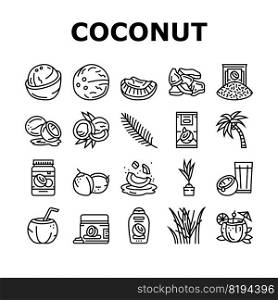 coconut coco fruit fresh white icons set vector. half milk, tropical oil, green nut, juice drink, food, brown whole natural water coconut coco fruit fresh white black contour illustrations. coconut coco fruit fresh white icons set vector