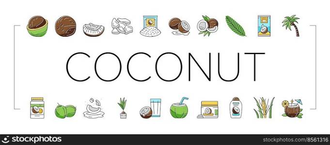coconut coco fruit fresh white icons set vector. half milk, tropical oil, green nut, juice drink, food, brown whole natural water coconut coco fruit fresh white color line illustrations. coconut coco fruit fresh white icons set vector