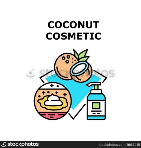 Coconut Cosmetic Vector Icon Concept. Moisturizing And Skincare Lotion And Soap Bottle With Pump, Natural Coconut Cosmetic. Exotic Nut Ingredient Of Cosmetology Product Color Illustration. Coconut Cosmetic Vector Concept Color Illustration