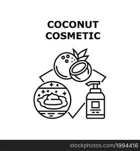 Coconut Cosmetic Vector Icon Concept. Moisturizing And Skincare Lotion And Soap Bottle With Pump, Natural Coconut Cosmetic. Exotic Nut Ingredient Of Cosmetology Product Black Illustration. Coconut Cosmetic Vector Concept Black Illustration