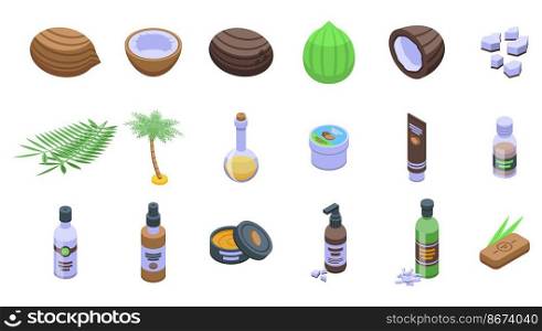 Coconut cosmetics icons set isometric vector. Milk oil. Coco butter. Coconut cosmetics icons set isometric vector. Milk oil
