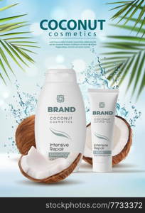 Coconut cosmetics, shampoo and cream packaging, water splash and palm leaves. Vector coconut oil or coco milk cosmetic products, skincare and body care moisturizer lotion with shampoo bottle mockup. Coconut cosmetics, shampoo and cream packaging