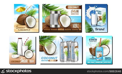 Coconut Drink Creative Promo Posters Set Vector. Eco Natural Dairy Liquid And Water, Blank Packages And Glasses, Coconut And Exotic Tree Branches Advertise Banners. Style Concept Layout Illustrations. Coconut Drink Creative Promo Posters Set Vector