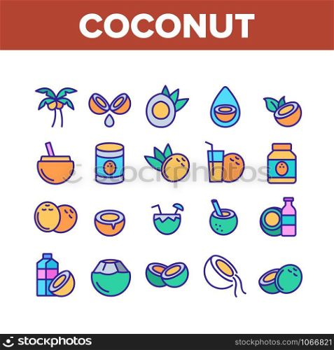 Coconut Food Collection Elements Icons Set Vector Thin Line. Coconut Milk And Oil, Tropical Palm And Drink, Beverage And Exotic Cocktail Concept Linear Pictograms. Color Contour Illustrations. Coconut Food Collection Elements Icons Set Vector