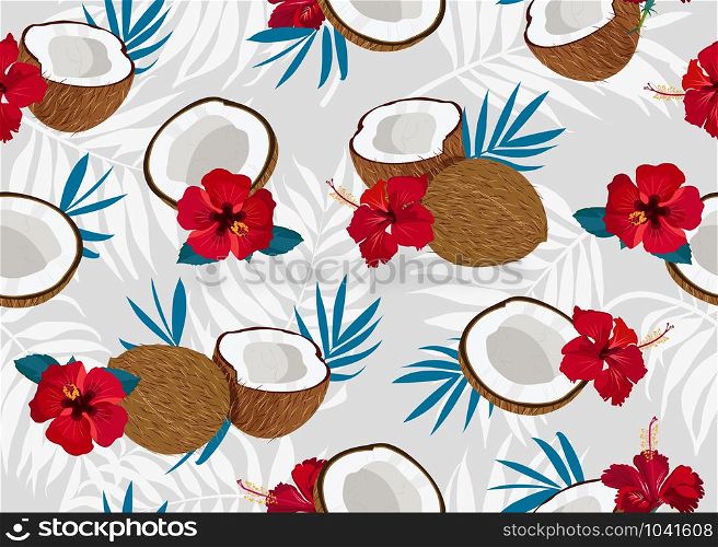 Coconut fruits seamless pattern whole and piece with blue leaves on gray background. Summer background. Tropical fruit vector illustration