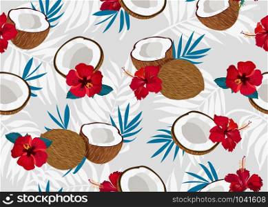 Coconut fruits seamless pattern whole and piece with blue leaves on gray background. Summer background. Tropical fruit vector illustration
