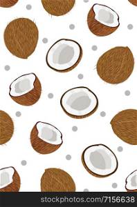 Coconut fruits seamless pattern whole and piece with dot on white background. Tropical fruit vector illustration