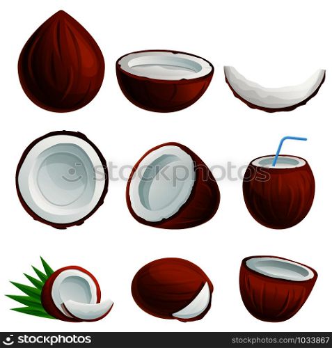 Coconut icons set. Cartoon set of coconut vector icons for web design. Coconut icons set, cartoon style