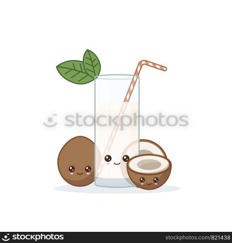 coconut juice. Cute kawai smiling cartoon juice with slices in a glass with juice straw.
