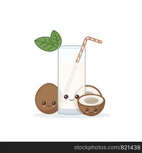 coconut juice. Cute kawai smiling cartoon juice with slices in a glass with juice straw.