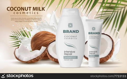 Coconut milk cosmetics promo banner. Skin care cream and sh&oo bottles vector mockup with coconut broken shells, splashing with drops and swirls milk, white cream and palm tree leaves. Skin care cosmetics, cream with coconut milk