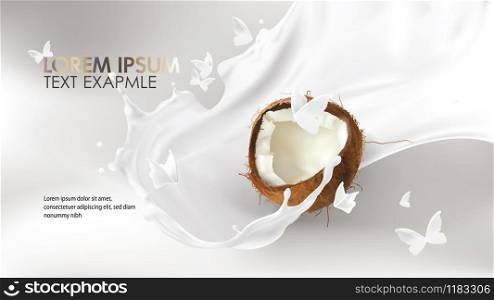 Coconut milk splash swirl realistic vector background. White liquid organic milk on blurred background with white silhouettes of flying butterflies, packaging design element for cosmetics and food. Coconut milk splash swirl realistic vector