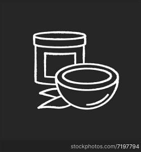 Coconut oil chalk white icon on black background. Organic nourishing haircare. Hair mask in jar container. Natural cosmetic product for hair treatment. Isolated vector chalkboard illustration