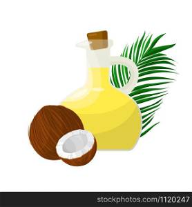 Coconut oil in glass bottle, palm leaf and coconut on white background.