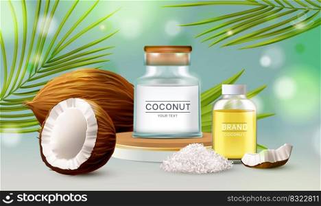 Coconut oil poster. Soap and cream, milk transparent package. Cosmetic lotion, coco natural organic product in tube. Palm tropical leaves on background. Whole and half nut. Vector illustration mockup. Coconut oil poster. Soap and cream, milk transparent package. Cosmetic lotion, coco natural organic product in tube. Palm tropical leaves on background. Vector illustration mockup