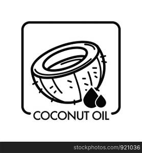 Coconut oil, product and drop, monochrome sketch outline vector. Icon of spa salon, tropical ingredient used in cosmetology and medicine, cooking desserts and skin treatment. Health improvement. Coconut oil, product and drop, monochrome sketch outline