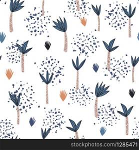 Coconut palm seamless pattern in Scandinavian style. Cute hawaiian background. Hand drawn Exotic rainforest tree wallpaper. Design for fabric, textile print, wrapping paper. Vector illustration. Coconut palm seamless pattern in Scandinavian style. Cute hawaiian background.