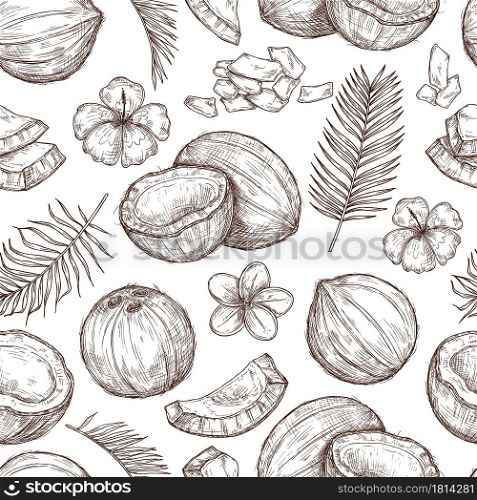 Coconut seamless pattern. Fresh food, tropical leaf flowers print. Paradise beach coco, drawing hipster summer exotic exact vector texture. Illustration exotic coconut, food tropical fresh. Coconut seamless pattern. Fresh food, tropical leaf flowers print. Paradise beach coco, drawing hipster summer exotic exact vector texture