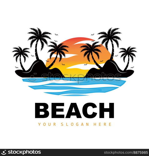 Coconut Tree And Beach Logo, Ocean Nature Landscape Design, Beach Icon Plant Vector