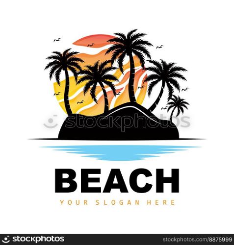 Coconut Tree And Beach Logo, Ocean Nature Landscape Design, Beach Icon Plant Vector