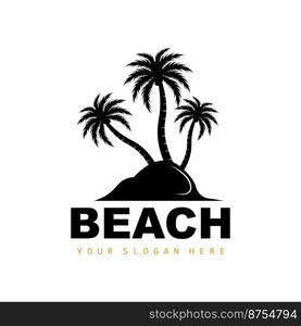 Coconut Tree Logo With Beach Atmosphere, Beach Plant Vector, Sunset View Design