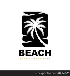 Coconut Tree Logo With Beach Atmosphere, Beach Plant Vector, Sunset View Design