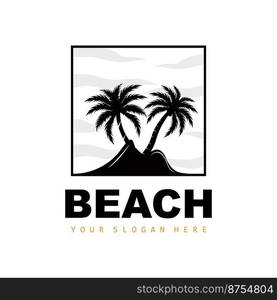 Coconut Tree Logo With Beach Atmosphere, Beach Plant Vector, Sunset View Design