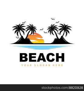 Coconut Tree Logo With Beach Atmosphere, Beach Plant Vector, Sunset View Design