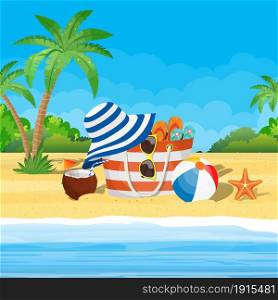 Coconut with cold drink, alcohol cocktail, flip-flops, ball. Bag, sunglasses, starfish. Landscape of palm tree on beach. Vacation and holidays. Vector illustration flat style. Coconut with cold drink