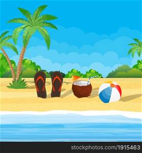 Coconut with cold drink, alcohol cocktail, flip-flops, ball. Landscape of palm tree on beach. Day in tropical place. Vacation and holidays. Vector illustration flat style. Coconut with cold drink, alcohol cocktail in hand.