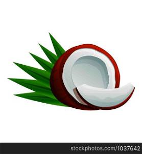 Coconut with leaf icon. Cartoon of coconut with leaf vector icon for web design isolated on white background. Coconut with leaf icon, cartoon style