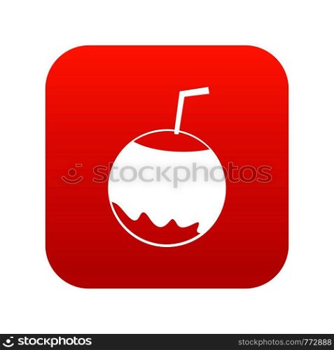 Coconut with straw icon digital red for any design isolated on white vector illustration. Coconut with straw icon digital red