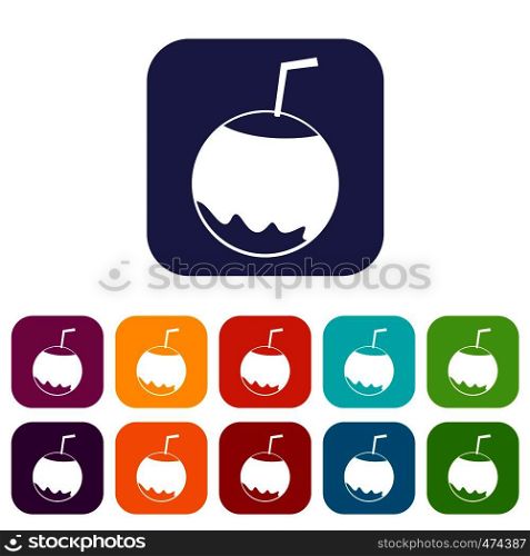 Coconut with straw icons set vector illustration in flat style In colors red, blue, green and other. Coconut with straw icons set