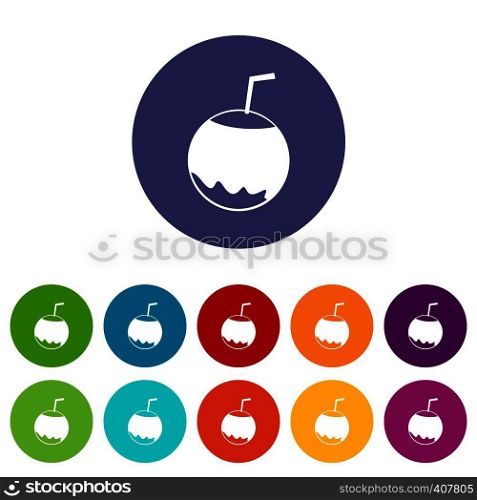 Coconut with straw set icons in different colors isolated on white background. Coconut with straw set icons