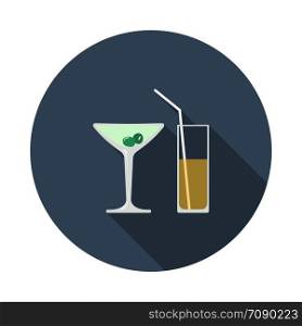 Coctail Glasses Icon. Flat Circle Stencil Design With Long Shadow. Vector Illustration.